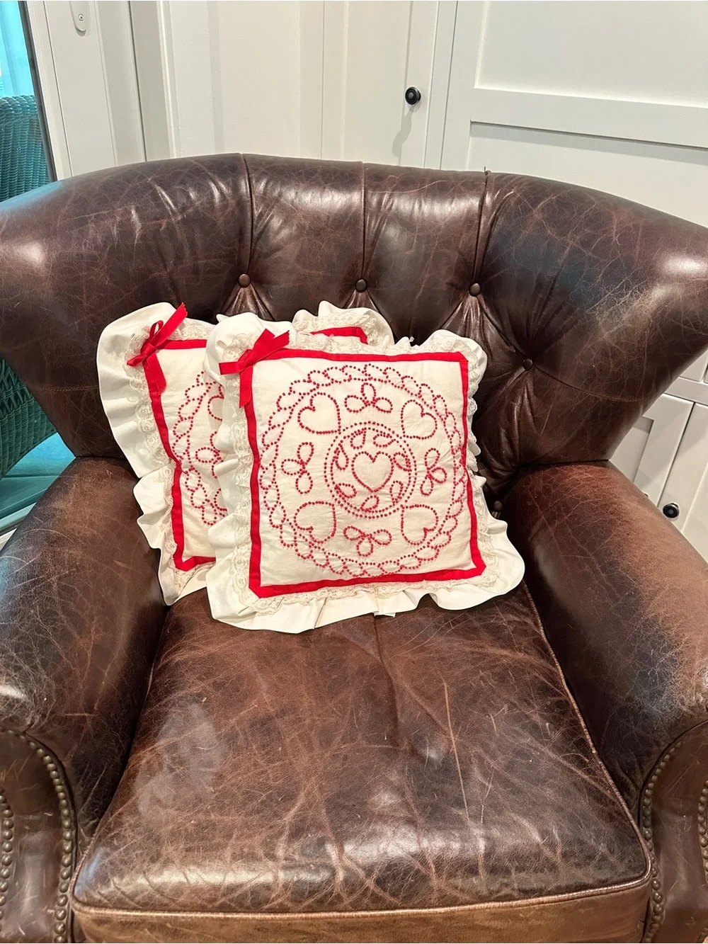 Vintage Hand-Embroidered Red and White Decorative Pillow - Home Holiday